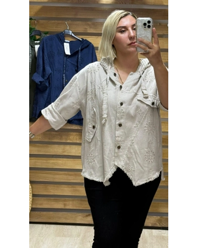 İtalyan Tasarım Kapüşonlu Fisto İşlemeli Ceket Krem