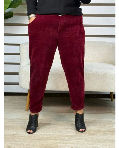 İtalyan Tasarım Kemerli Boyfriend Fitilli Kadife Pantolon Bordo