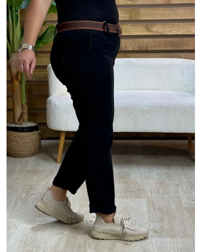 İtalyan Tasarım Kemerli Boyfriend Kadife Pantolon Siyah