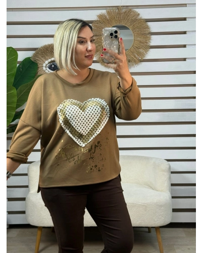 İtalyan Tasarım Kalp İşleme Yaldız Detaylı Bluz Camel