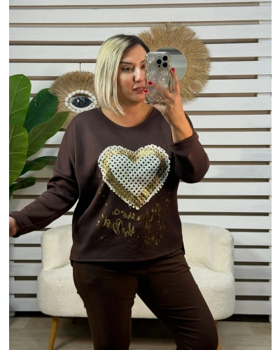 İtalyan Tasarım Kalp İşleme Yaldız Detaylı Bluz Kahve