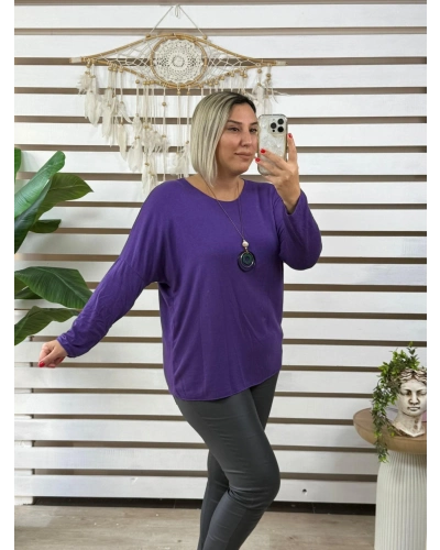 İtalyan Tasarım Kolyeli Yuvarlak Yaka Yumuşak Triko Bluz Mor