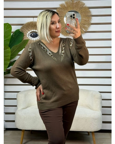 İtalyan Tasarım Leopar Desen Taşlı Triko Bluz Kahverengi