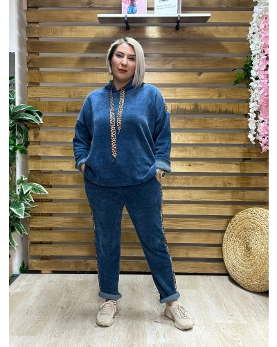 İtalyan Tasarım Leopar Desenli Kadife Takım Mavi