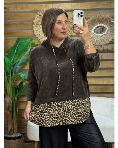 İtalyan Tasarım Leopar Desenli Kapüşonlu Sweatshirt Kahve