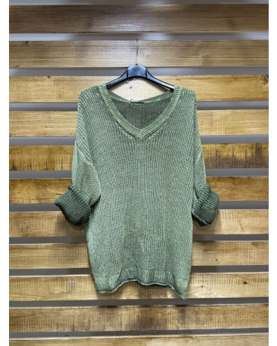 İtalyan Tasarım Merserize V Yaka Bluz Yeşil