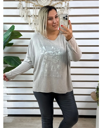 İtalyan Tasarım Önü Gümüş Baskı Detaylı Bluz Bej