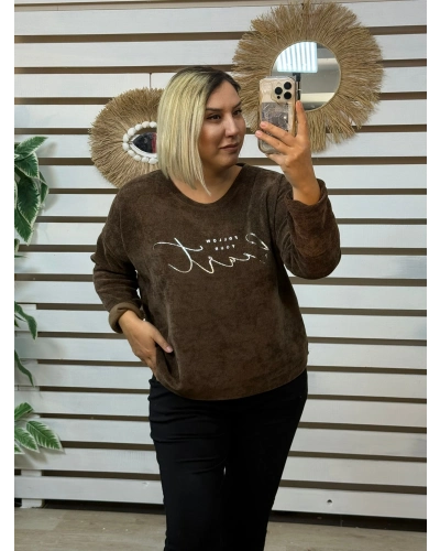 İtalyan Tasarım Önü Gümüş Yazı İşlemeli Kadife Bluz Kahve