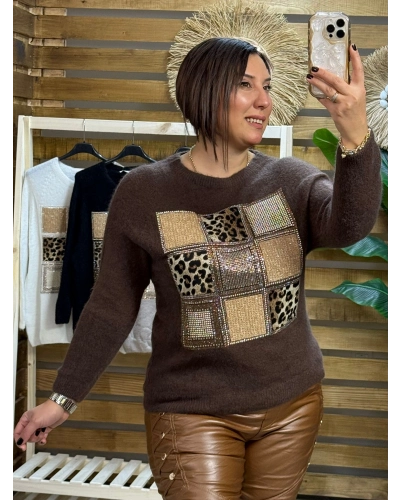 İtalyan Tasarım Önü Kare Leopar Taş İşlemeli Angora Kazak Kahve