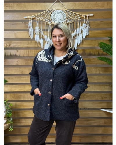 İtalyan Tasarım Şerit Desen Kapüşonlu Keçe Ceket Siyah