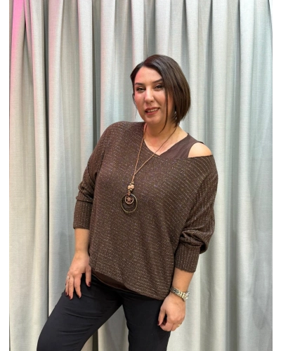 İtalyan Tasarım Simli Düz Desen Atletli ve Kolye Hediyeli Bluz Kahve