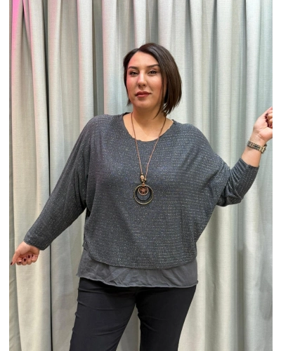 İtalyan Tasarım Simli Düz Desen Atletli ve Kolye Hediyeli Bluz Gri