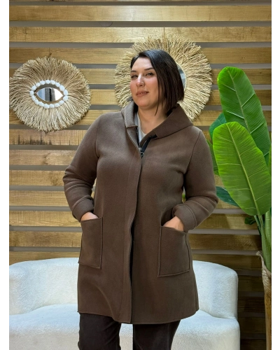 İtalyan Tasarım Suet Nubuk Uzun Kapüşonlu Ceket Kahve