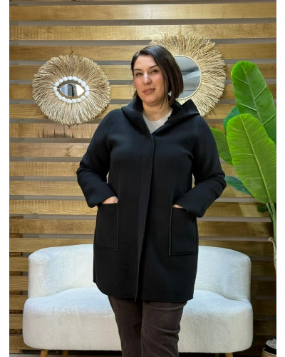 İtalyan Tasarım Suet Nubuk Uzun Kapüşonlu Ceket Siyah