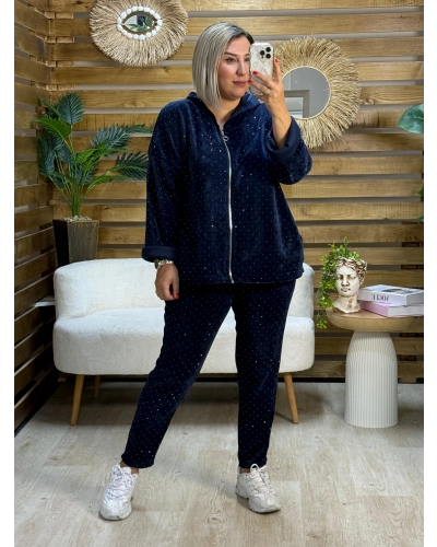 İtalyan Tasarım Taş İşlemeli Fermuarlı Kapüşonlu Kadife Takım Lacivert