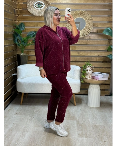 İtalyan Tasarım Taş İşlemeli Fermuarlı Kapüşonlu Kadife Takım Bordo