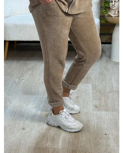 İtalyan Tasarım Taş İşlemeli Fermuarlı Kapüşonlu Kadife Takım Camel