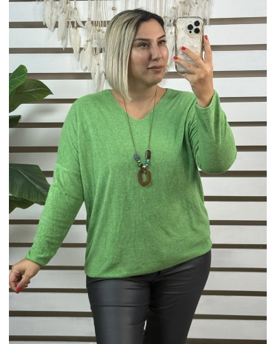 İtalyan Tasarım V Yaka Kolyeli Dokulu Bluz Çimen Yeşili
