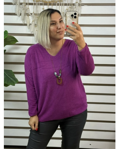 İtalyan Tasarım V Yaka Kolyeli Dokulu Bluz Leylak