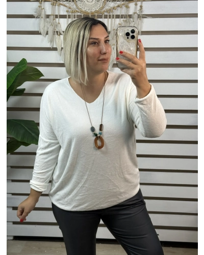 İtalyan Tasarım V Yaka Kolyeli Dokulu Bluz Beyaz