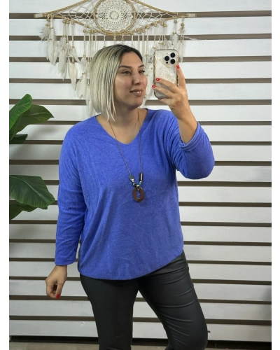 İtalyan Tasarım V Yaka Kolyeli Dokulu Bluz Mavi