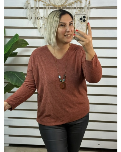 İtalyan Tasarım V Yaka Kolyeli Dokulu Bluz Kiremit