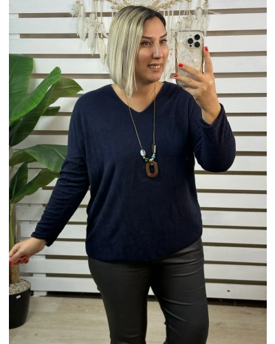 İtalyan Tasarım V Yaka Kolyeli Dokulu Bluz Lacivert