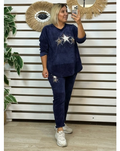 İtalyan Tasarım Yıldız Detaylı Taş İşlemeli Kadife Takım Lacivert