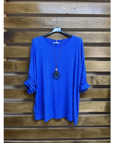 İtalyan Tasarım Yuvarlak Yaka Hamur Triko Bluz Saks Mavi