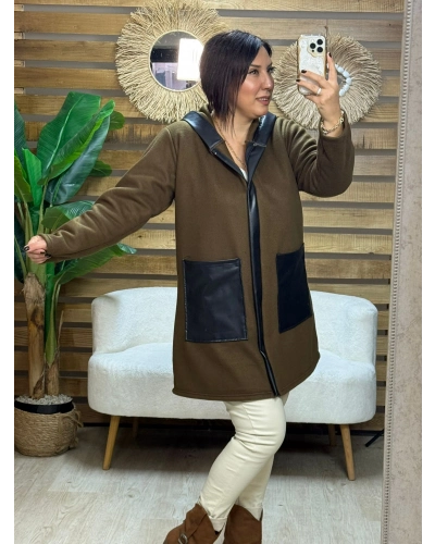 Tasarım Deri Detaylı Kapüşonlu Fleece Mont Kahve