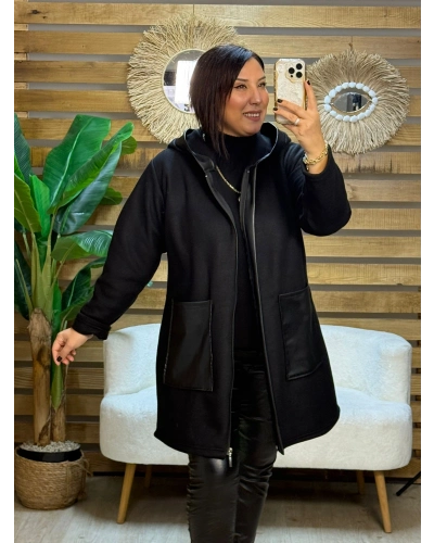 Tasarım Deri Detaylı Kapüşonlu Fleece Mont Siyah