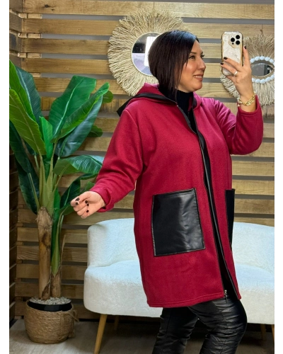 Tasarım Deri Detaylı Kapüşonlu Fleece Mont Kırmızı