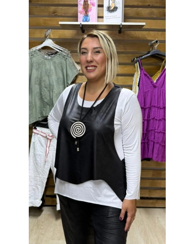 Tasarım Deri Görünümlü Bluz Yelek Kolye Takım Beyaz