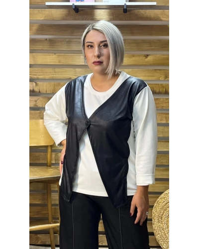 Tasarım Deri Yelek Detaylı Bluz Siyah