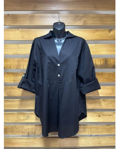 Tasarım İki Düğme Yakalı Gömlek Bluz Siyah