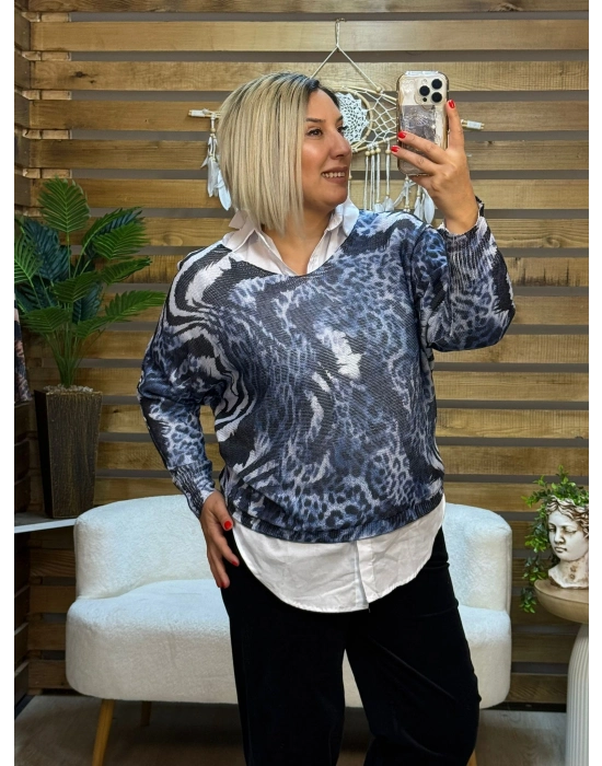 İtalyan Tasarım Dijital Baskı Merserize Bluz Mavi