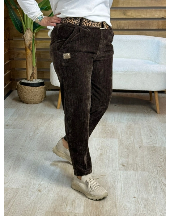 İtalyan Tasarım Leopar Desen Kemerli Kadife Boyfriend Pantolon