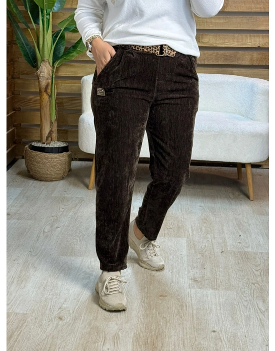 İtalyan Tasarım Leopar Desen Kemerli Kadife Boyfriend Pantolon