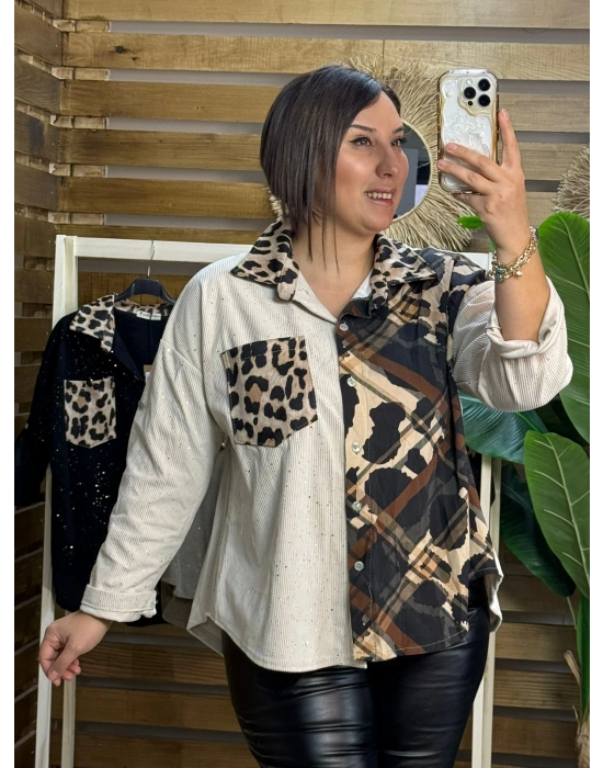 İtalyan Tasarım Leopar Desen Kadife Gömlek Beyaz