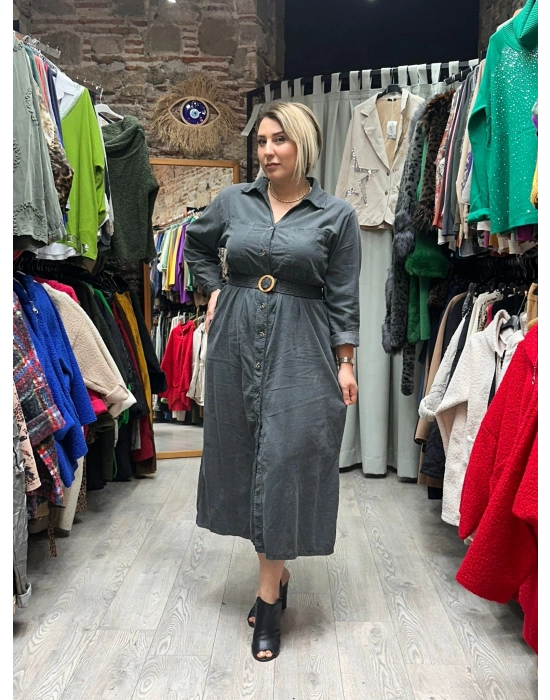 İtalyan Beli Kemerli Tasarım Kadife Elbise Antrasit