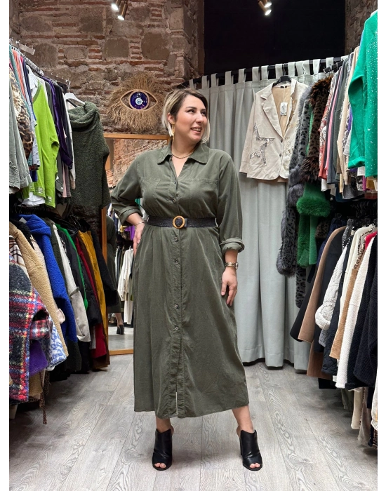 İtalyan Beli Kemerli Tasarım Kadife Elbise Haki