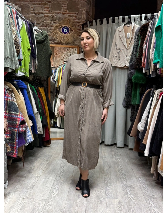 İtalyan Beli Kemerli Tasarım Kadife Elbise Vizon