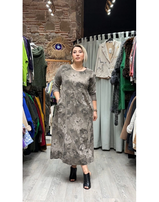 İtalyan Çiçek Desenli Tasarım Kadife Elbise Kül Gri