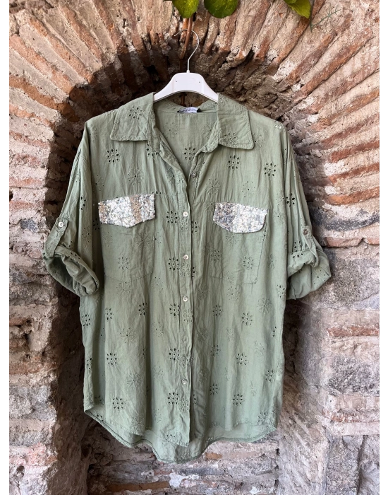 İtalyan Tasarım Cepleri İşlemeli Fistolu Gömlek Haki