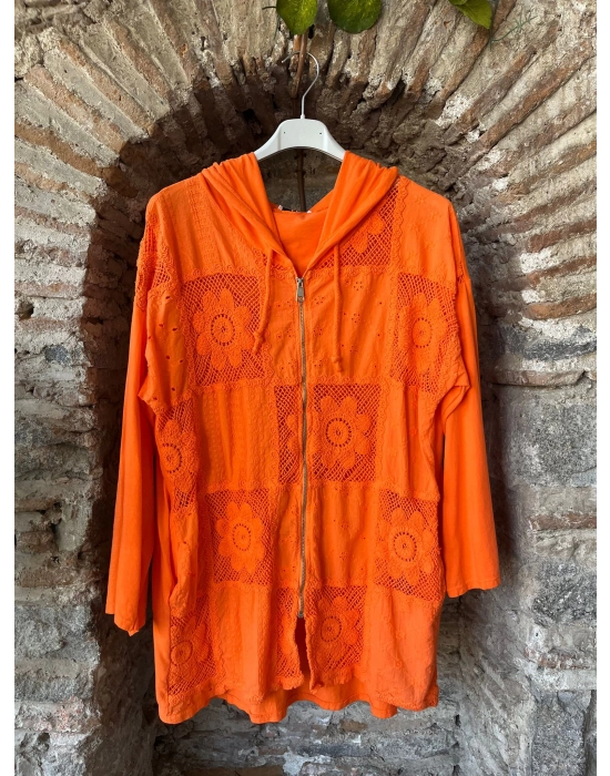İtalyan Tasarım Dantel Detaylı Ceket Oranj