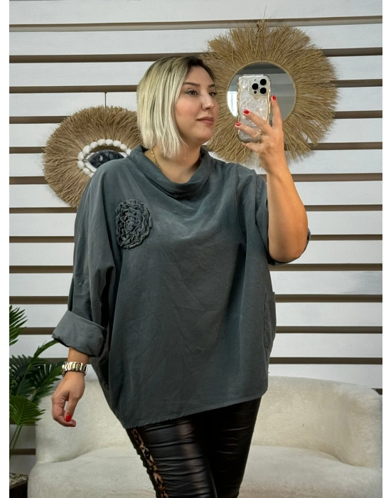 İtalyan Tasarım Degaje Yaka Broş Detaylı Rahat Kadife Bluz Haki