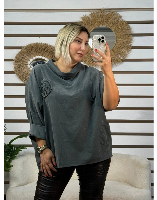 İtalyan Tasarım Degaje Yaka Broş Detaylı Rahat Kadife Bluz Haki