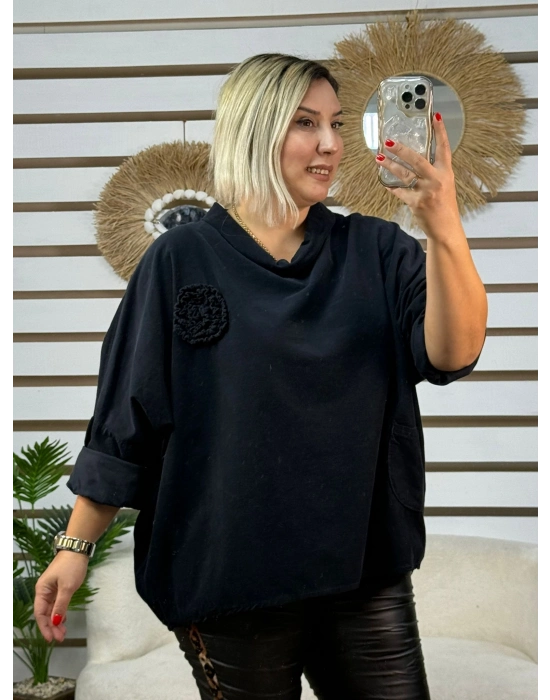 İtalyan Tasarım Degaje Yaka Broş Detaylı Rahat Kadife Bluz Siyah