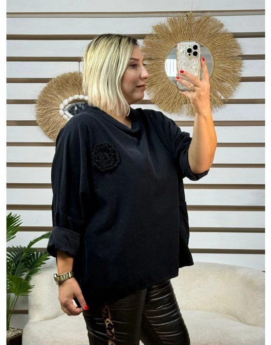 İtalyan Tasarım Degaje Yaka Broş Detaylı Rahat Kadife Bluz Siyah