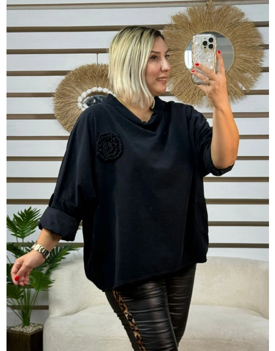 İtalyan Tasarım Degaje Yaka Broş Detaylı Rahat Kadife Bluz Siyah